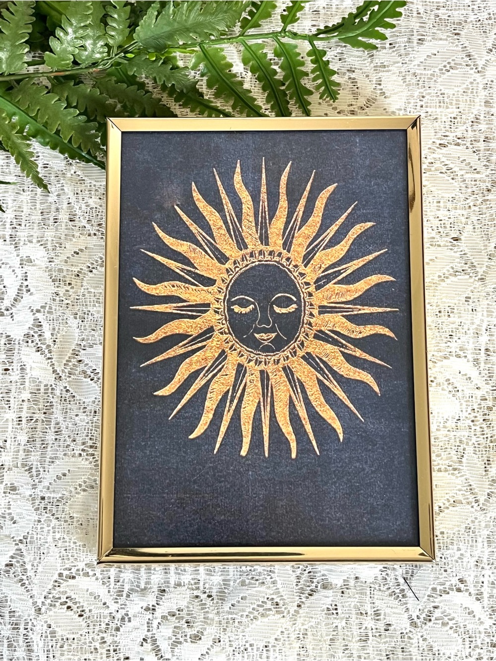 Vintage Solid Brass Framed Celestial Sun Decor 5x7